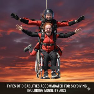 Types of disabilities accommodated for skydiving including mobility aids.
